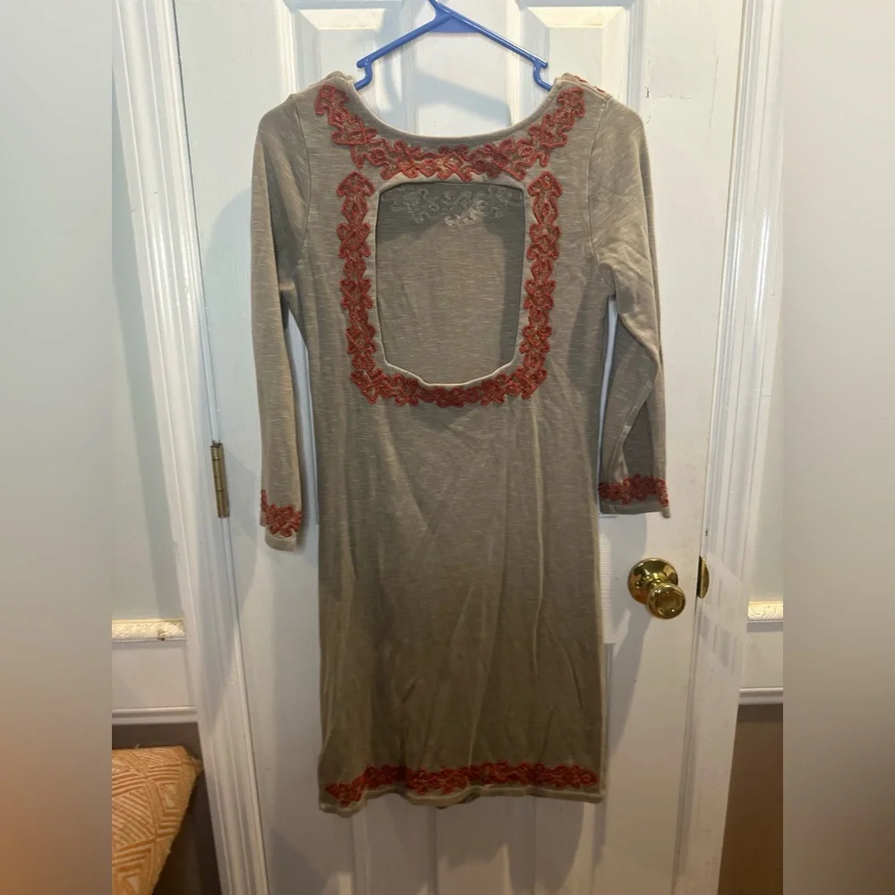 Free People Dress Beige Coral Embroidered Back‎ Cutout Med Knee Length